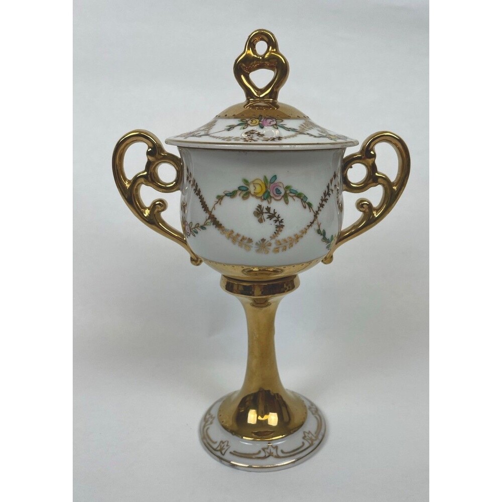 Arnart Japan Footed Urn Dish Bowl w/lid Gold With Flowers 8" 50th Anniversary
